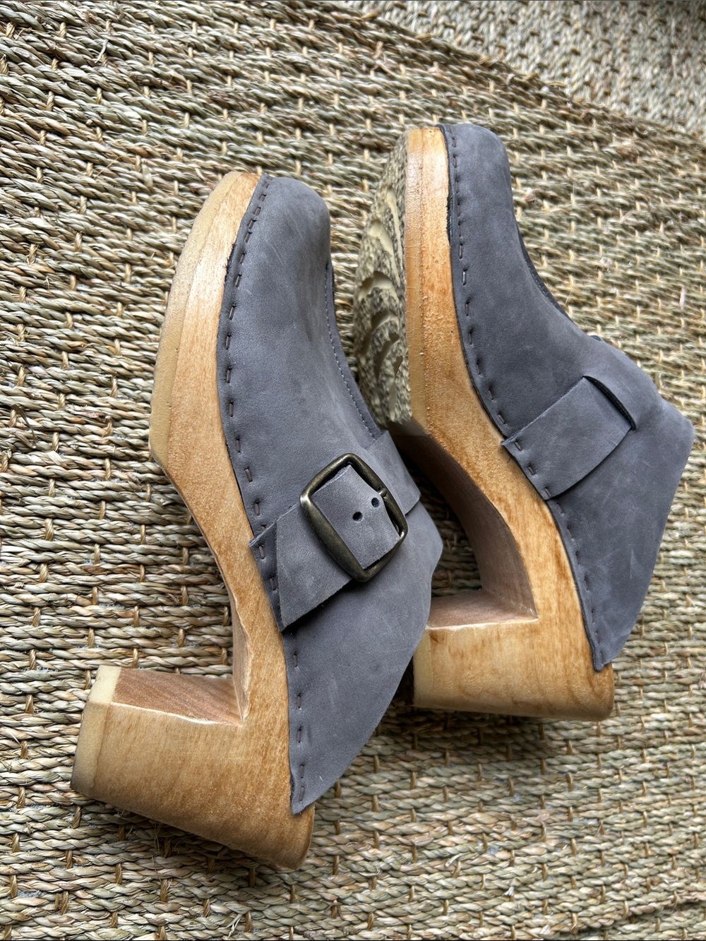Grey Suede Buckle Clog Heels - Women